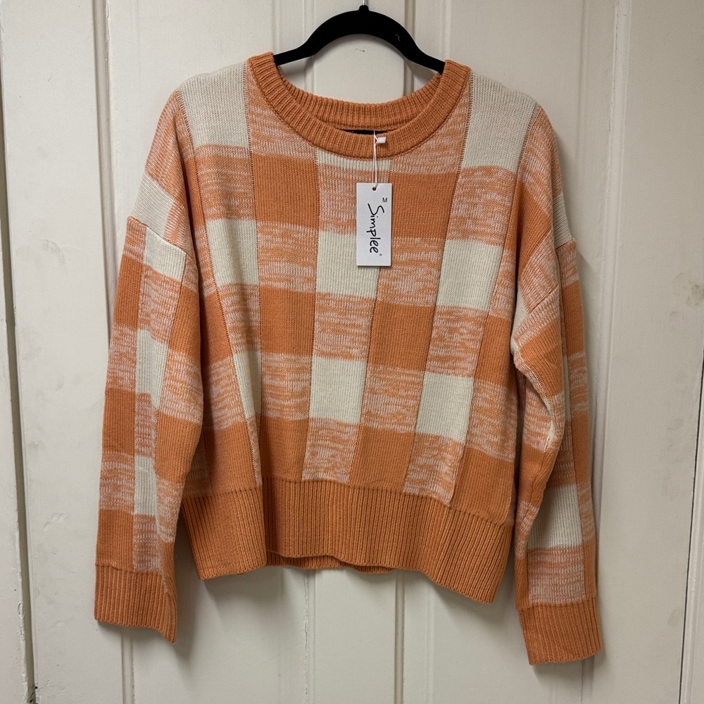 Simplee Apparel Orange and Cream Checkered Sweater